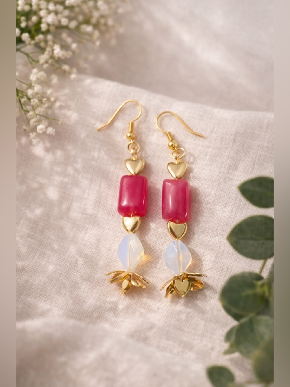 Artisan Statement Valentine Earrings 🌸 Ruby Composite & Opalite 🌸 Floral Drops